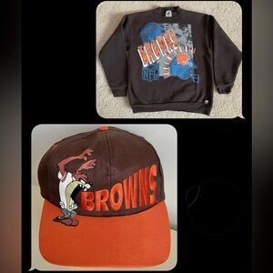 1991 Cleveland Browns Logo 7 NFL Vintage Sweatshirt Adult L  1994 Taz Hat Set